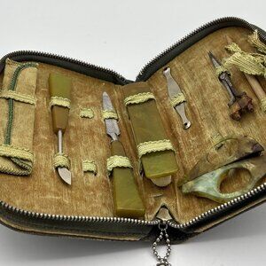 Vtg 1920s 1940s Manicure Set Bakelite Celluloid Marble Green Jade Leather Case